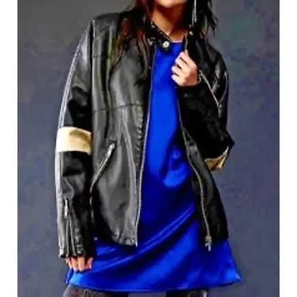 We The Free People Ryder Striped Leather Coat Jacket Black Large L NWT - Picture 2 of 7